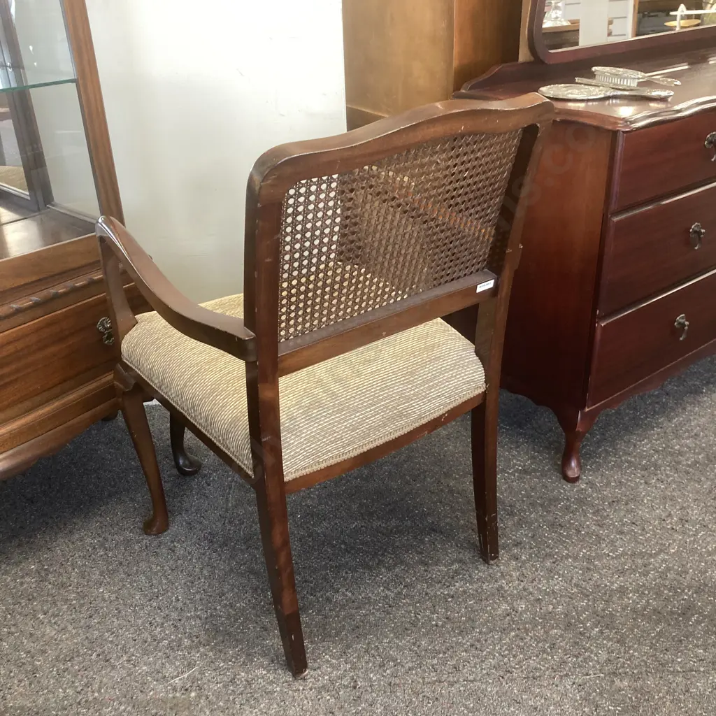 Mahogany Lounge Chair With Cane Filled Back, Armed, Gold & Black Flecked Fabric Image 1++