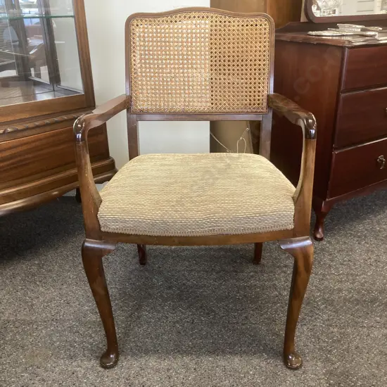 Mahogany Lounge Chair With Cane Filled Back, Armed, Gold & Black Flecked Fabric