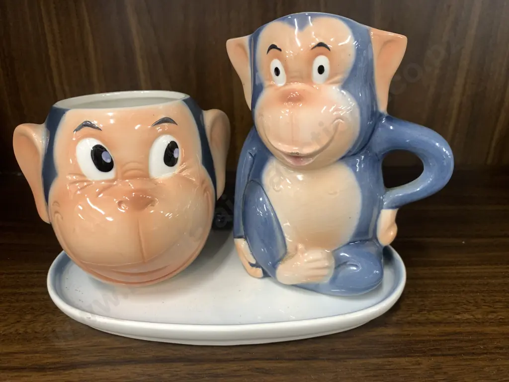 Vintage Goebel 'Happy Chimps' Monkey Milk Jug Hei 3A1961, Sugar Pot (Missing Lid) & Oval Plate Image 1++