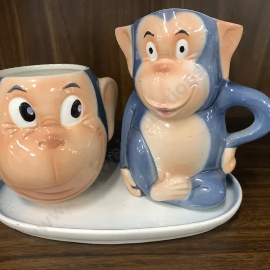 Vintage Goebel 'Happy Chimps' Monkey Milk Jug Hei 3A1961, Sugar Pot (Missing Lid) & Oval Plate