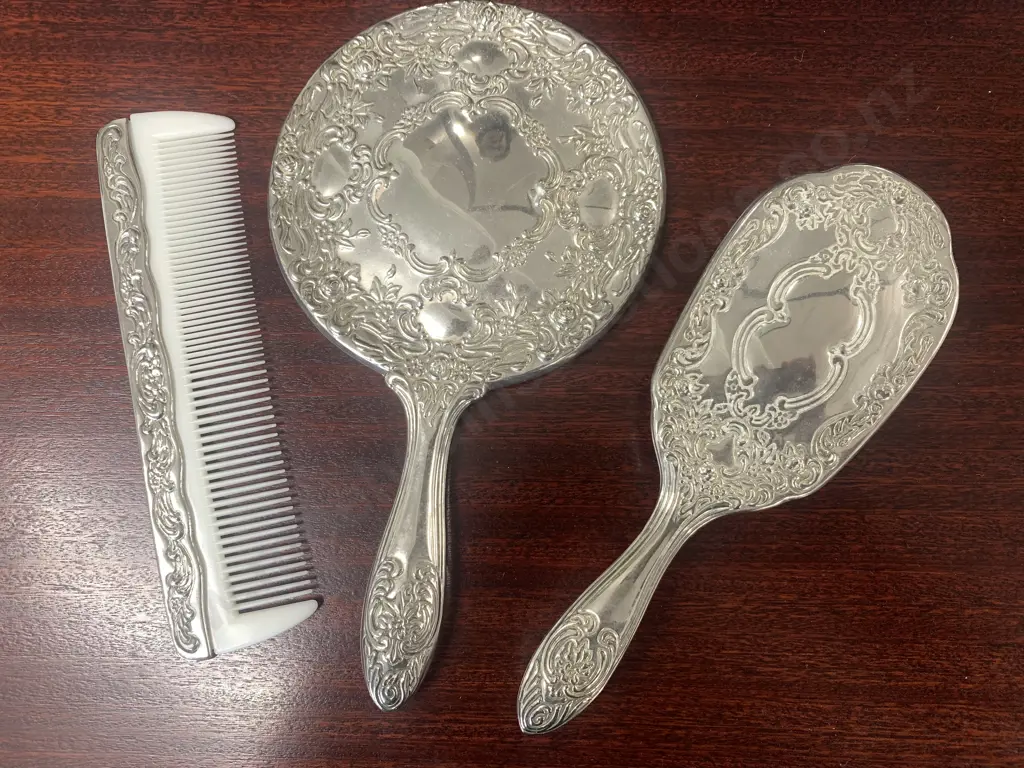 Vintage Dressing table Set, Silver Plated Mirror, Comb & Brush Image 1++