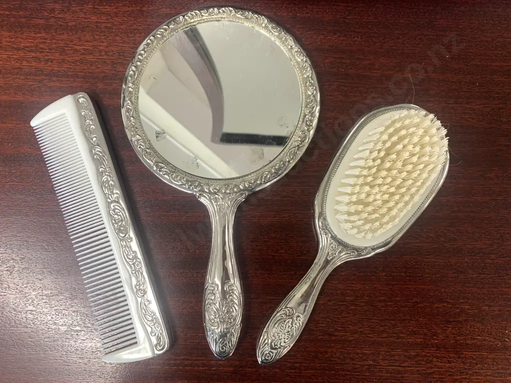 Vintage Dressing table Set, Silver Plated Mirror, Comb & Brush Image 1++