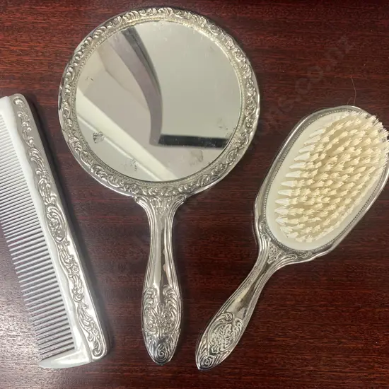 Vintage Dressing table Set, Silver Plated Mirror, Comb & Brush