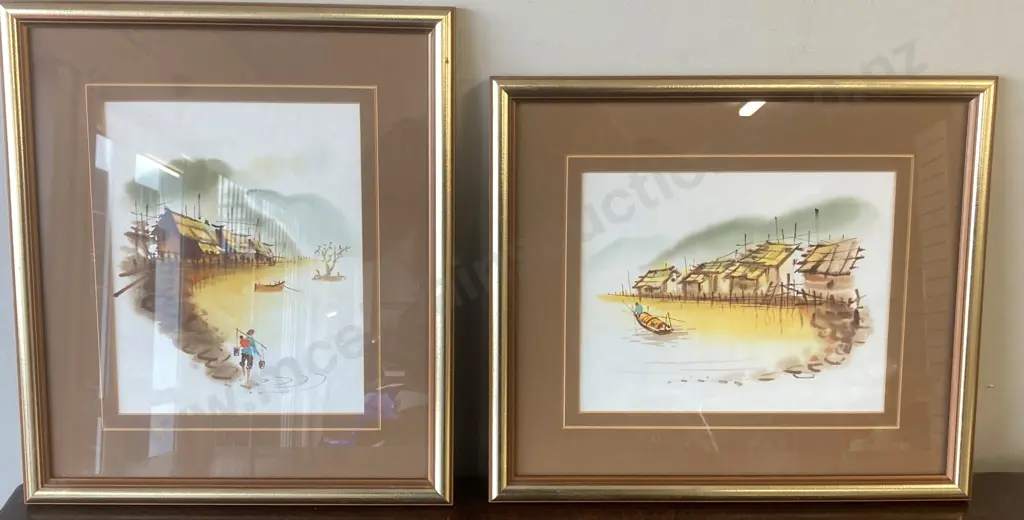 Gilt Framed Canal Scenes Artworks, Pair of, 39 x 33cm Image 1++