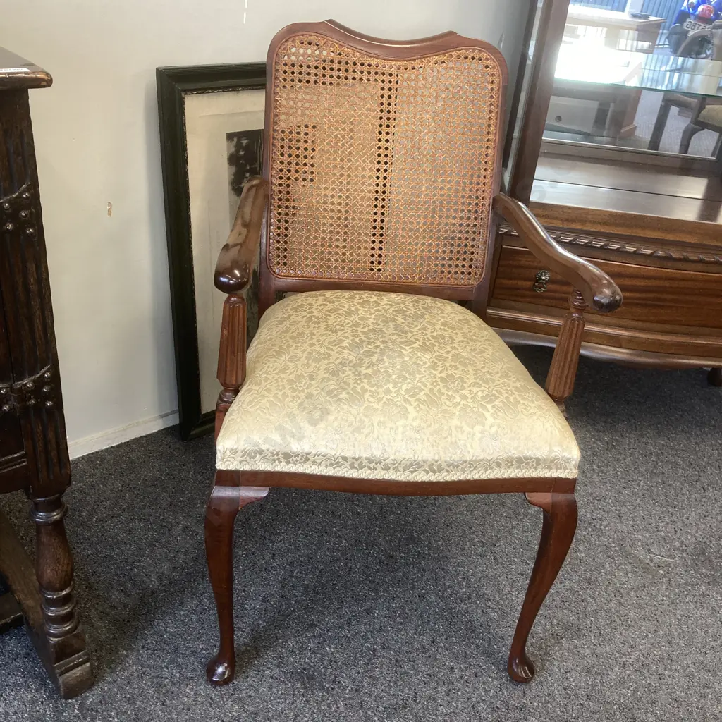 Mahogany Bridge Chair With Cane Filled Back, Armed, Butter Cream Brocade & Braiding Image 1++