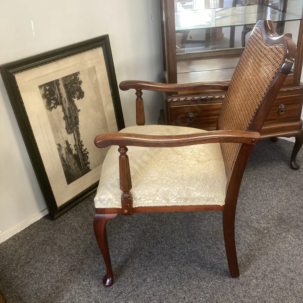 Mahogany Bridge Chair With Cane Filled Back, Armed, Butter Cream Brocade & Braiding Image 1++