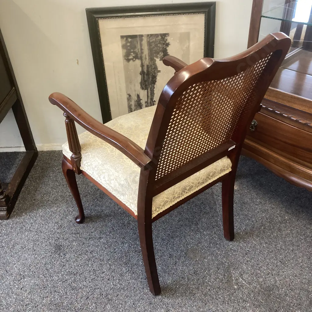 Mahogany Bridge Chair With Cane Filled Back, Armed, Butter Cream Brocade & Braiding Image 1++