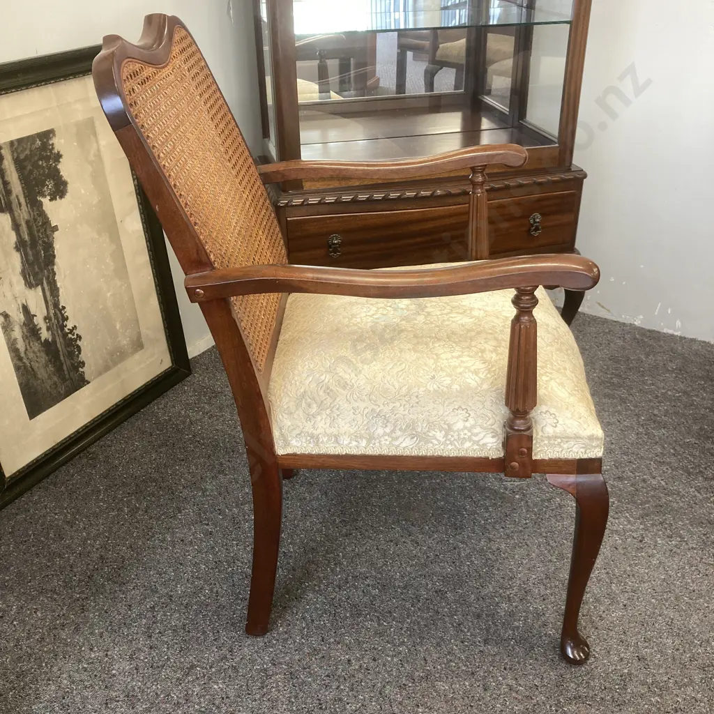 Mahogany Bridge Chair With Cane Filled Back, Armed, Butter Cream Brocade & Braiding Image 1++