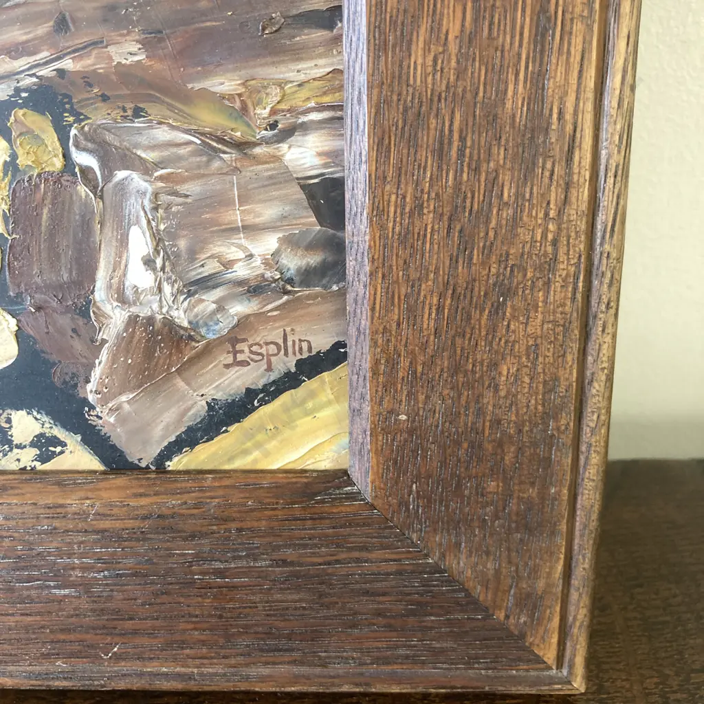 Vintage Oak Framed Original Picture On Board "Farm Scene" Signed Esplin, 37 x 45cm Image 1++