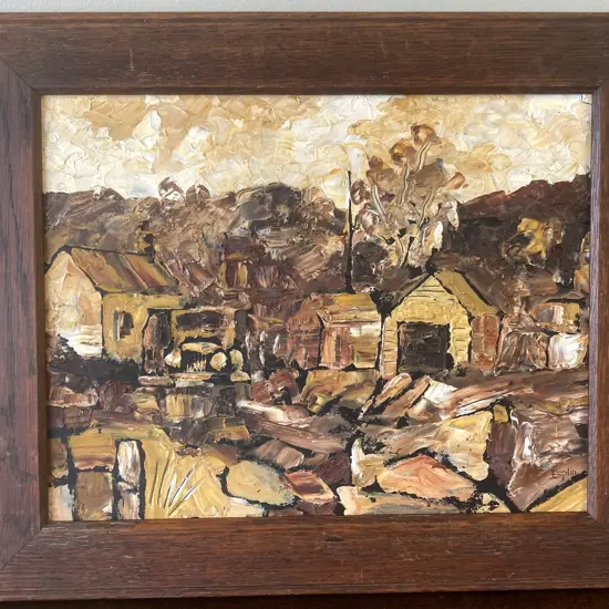 Vintage Oak Framed Original Picture On Board "Farm Scene" Signed Esplin, 37 x 45cm