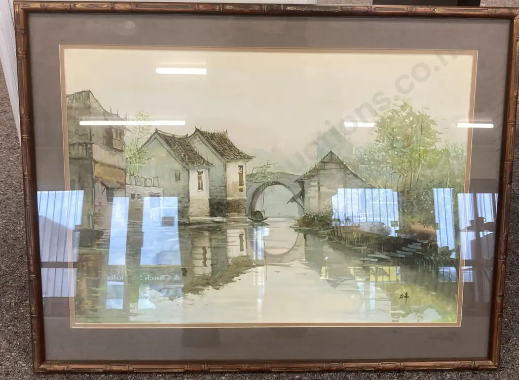 Bamboo Effect Framed Artwork of a Oriental Canal Scene, 51 x 67cm Image 1++