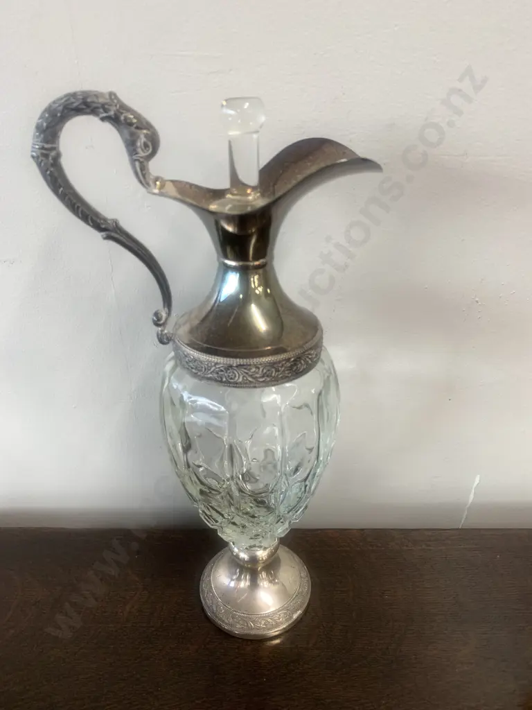 Vintage Cut Glass Footed Decanter Silver Base And Top Image 1++