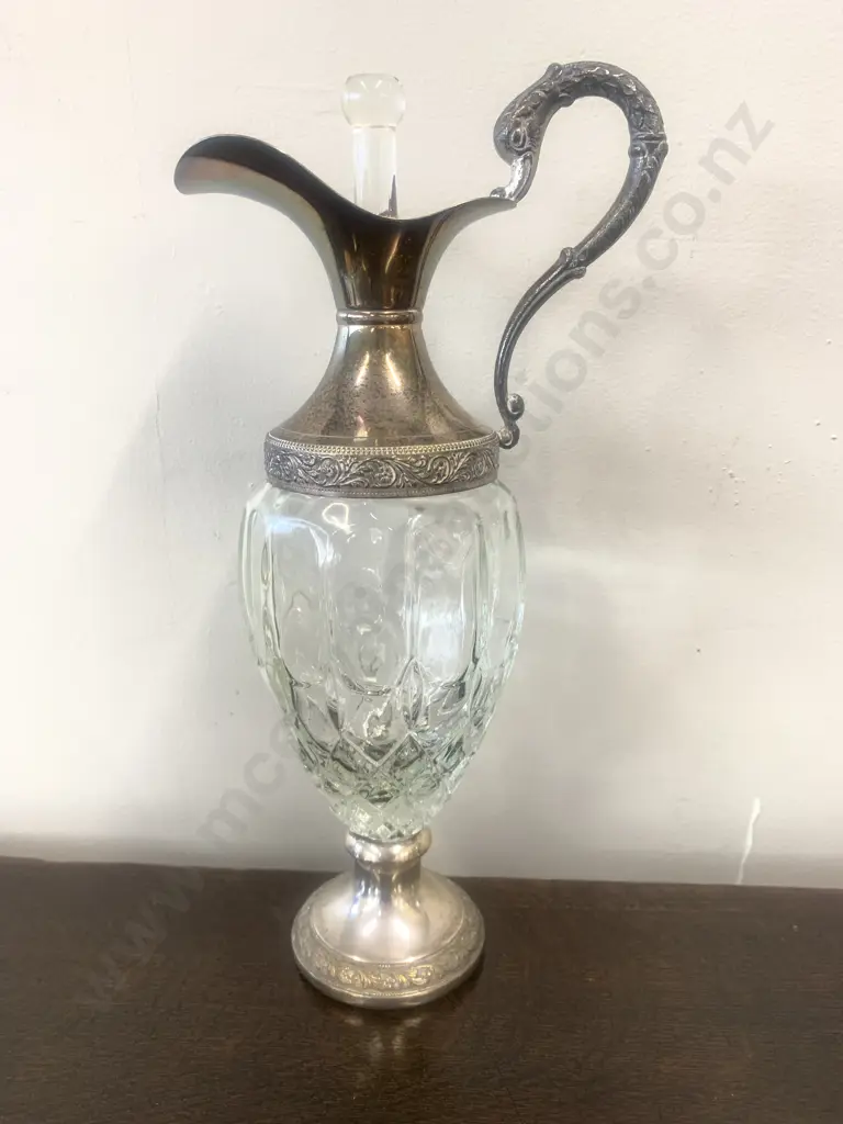 Vintage Cut Glass Footed Decanter Silver Base And Top Image 1++
