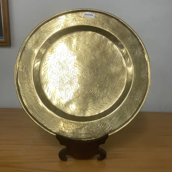 Large Vintage Chinese Dragon Brass Tray On A Rosewood Plate Stand, Dia35.5cm