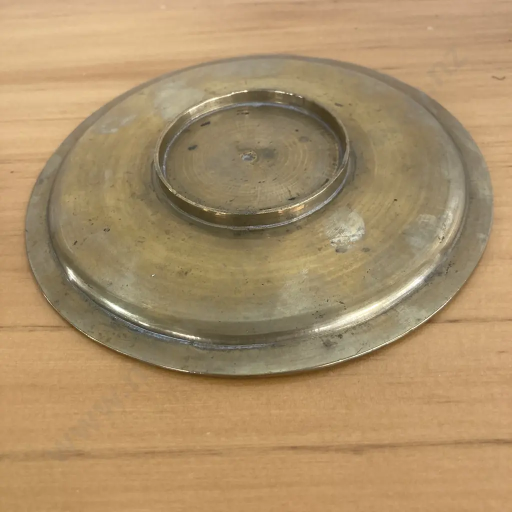 Antique Chinese Bronze Brass Circular Plate Dish with a Dragon and Symbols, Dia14.5cm Image 1++