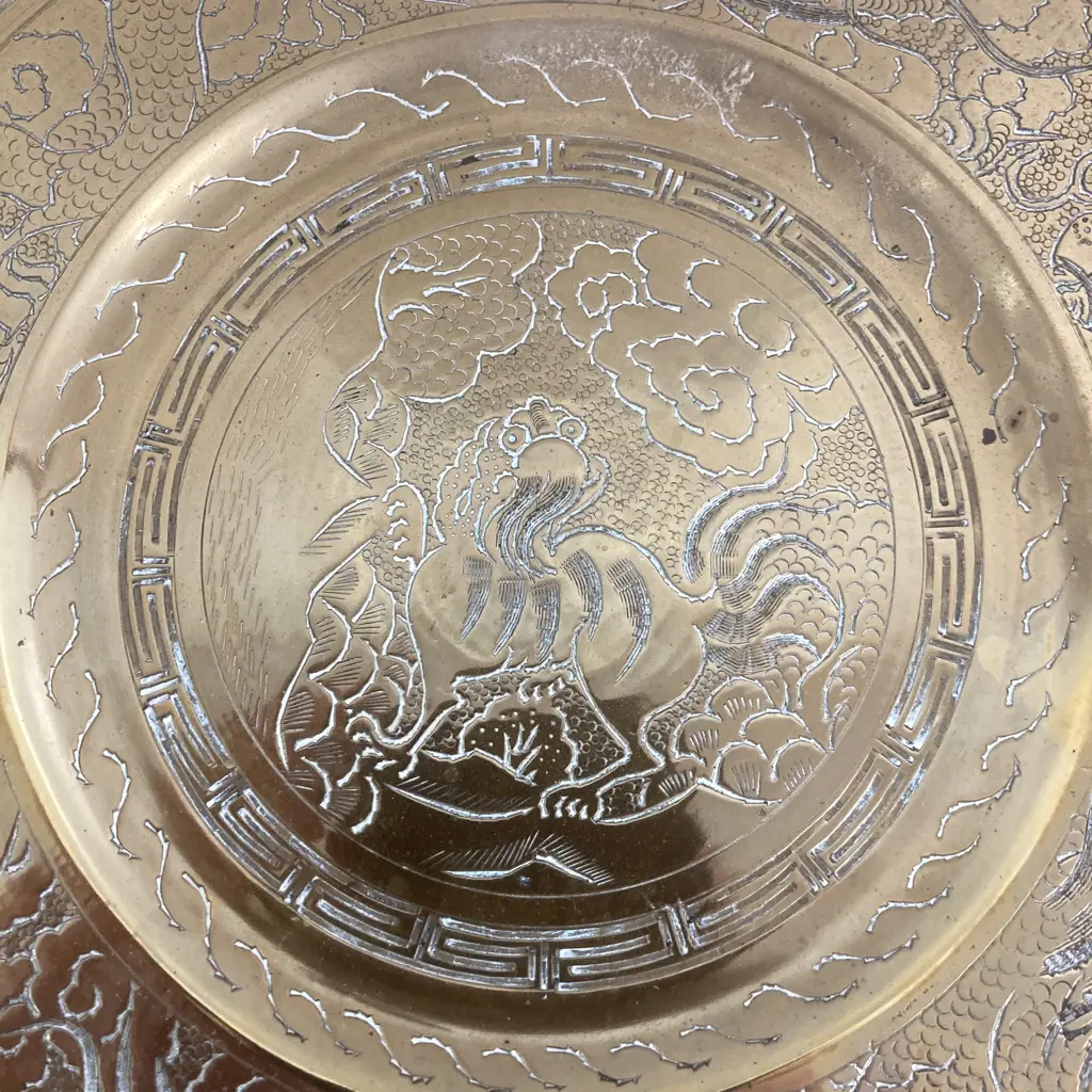 Antique Chinese Brass Charger Plate Dragon Marked Dynasty Tray, Dia25cmm Image 1++