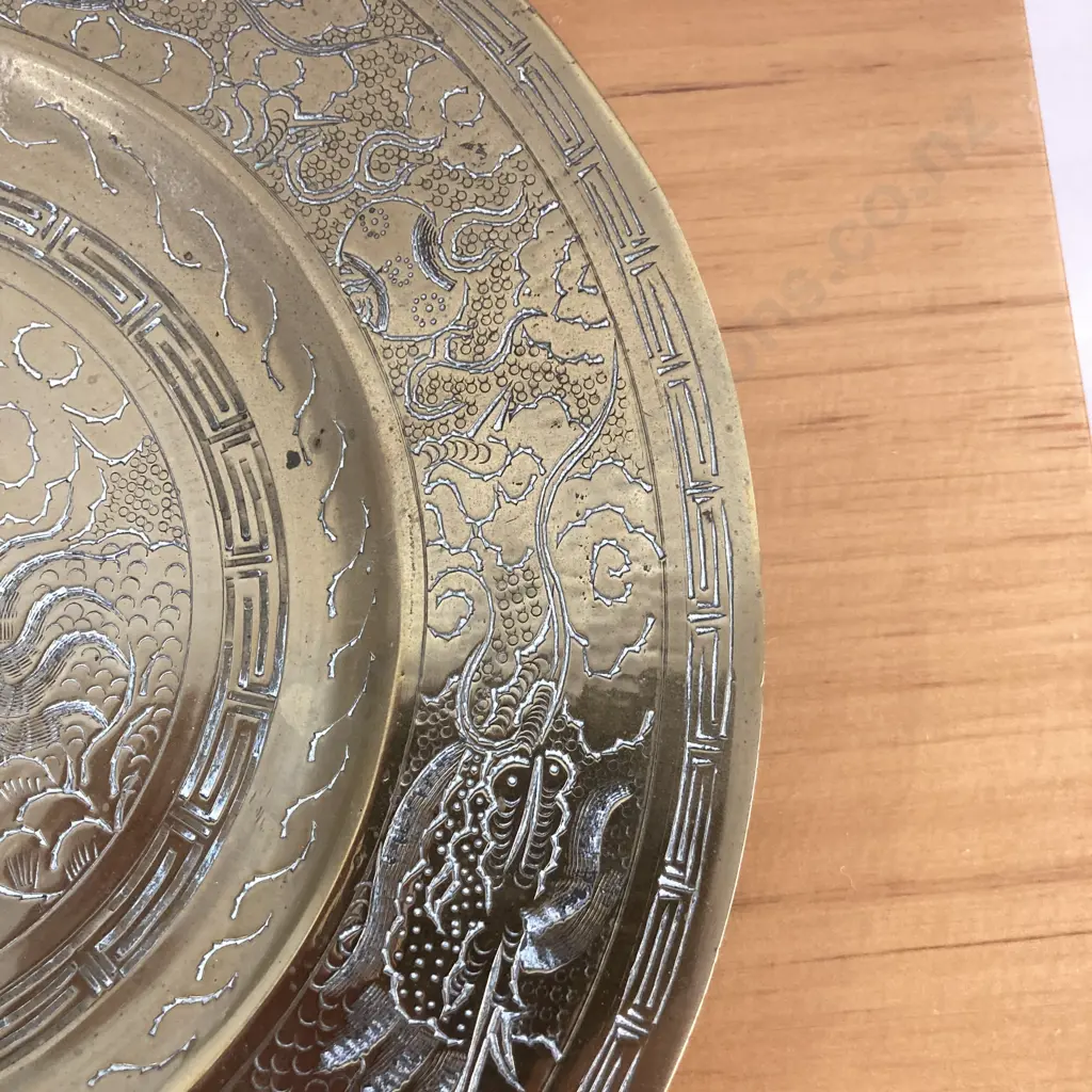 Antique Chinese Brass Charger Plate Dragon Marked Dynasty Tray, Dia25cmm Image 1++