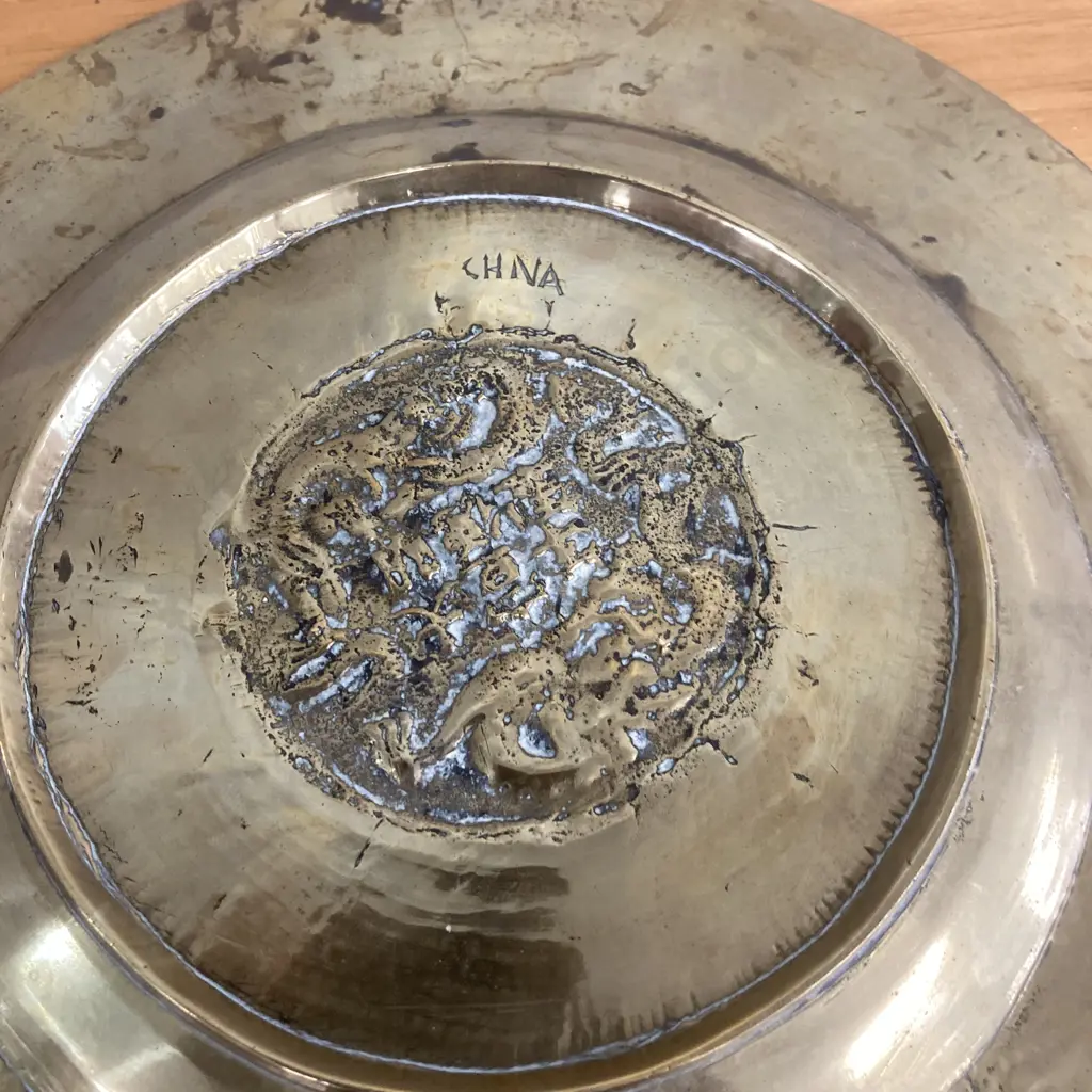 Antique Chinese Brass Charger Plate Dragon Marked Dynasty Tray, Dia25cmm Image 1++