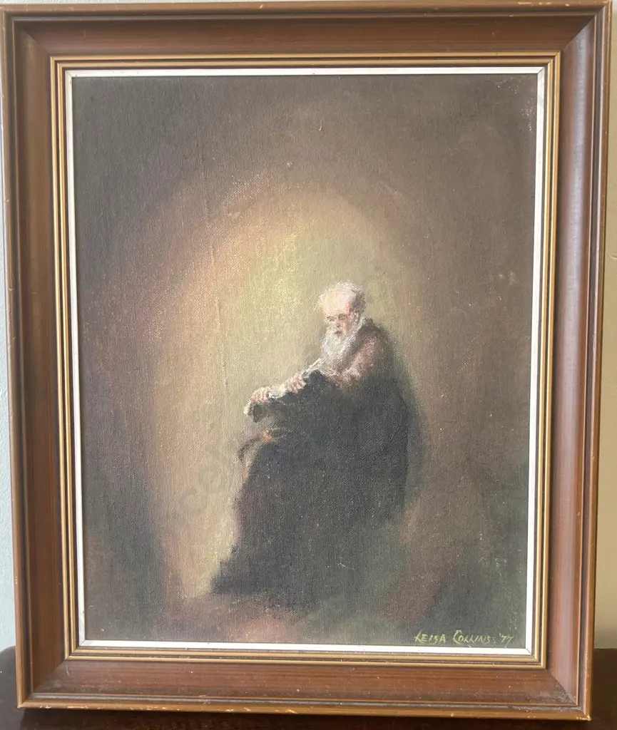 Framed Original Oil Painting by Leisa Collins '77 "Elderly Gentleman Reading" 45 x 37cm Image 1++