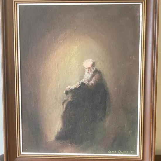 Framed Original Oil Painting by Leisa Collins '77 "Elderly Gentleman Reading" 45 x 37cm