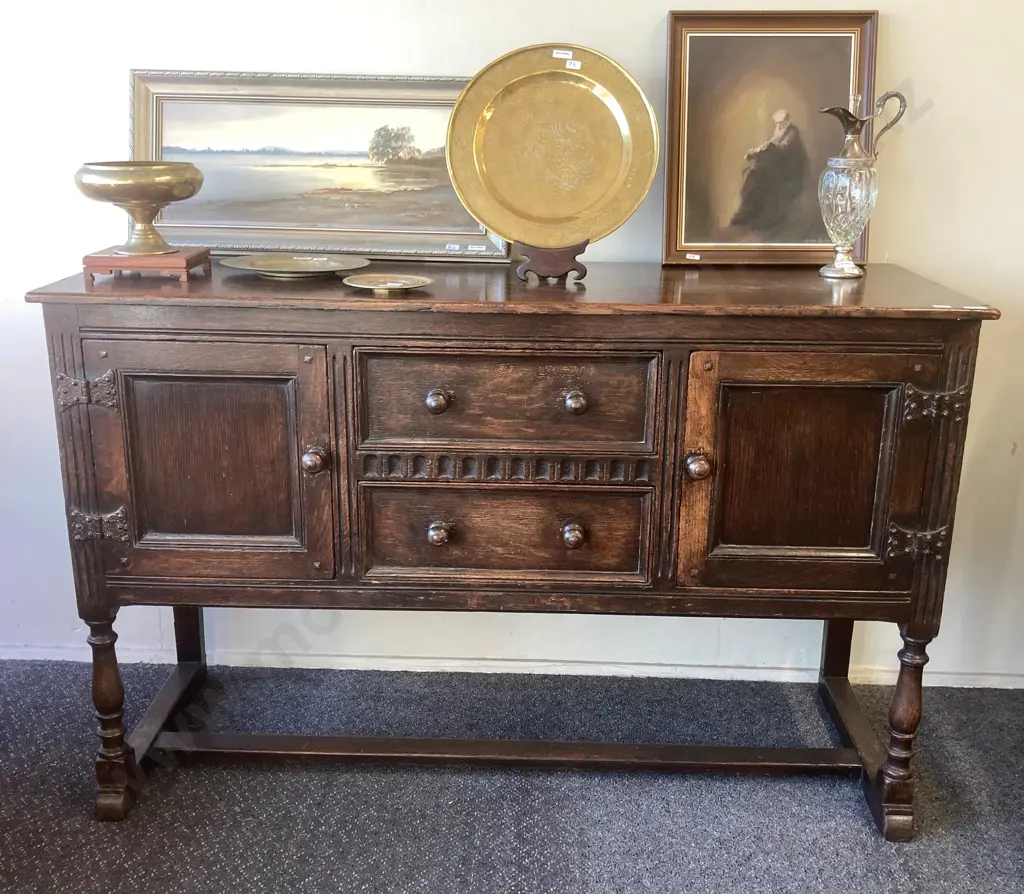 Antique Oak Sideboard, Original Wooden Handles, Ornate Strap Hinges, 2 Drawers (1 Felt Lined) 2 Door, H90 W142.5 D52cm Image 1++