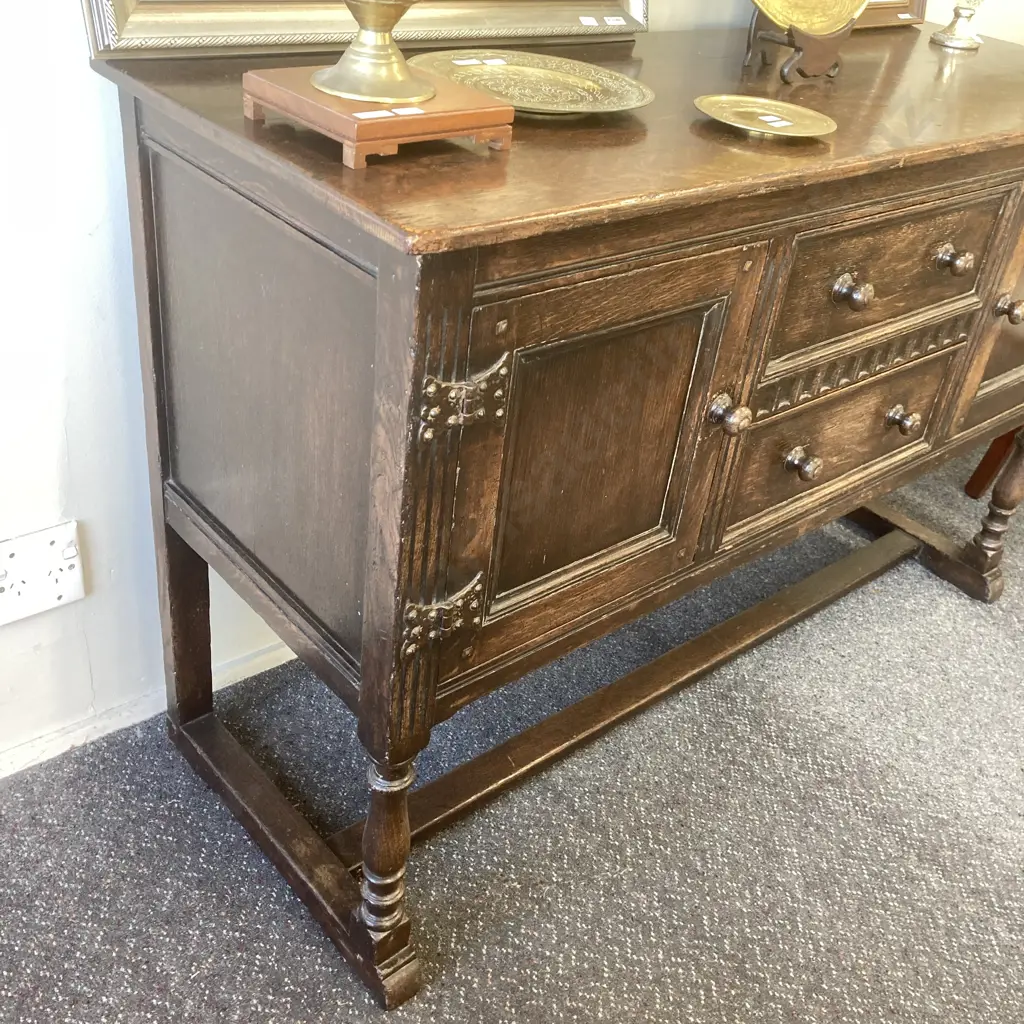 Antique Oak Sideboard, Original Wooden Handles, Ornate Strap Hinges, 2 Drawers (1 Felt Lined) 2 Door, H90 W142.5 D52cm Image 1++