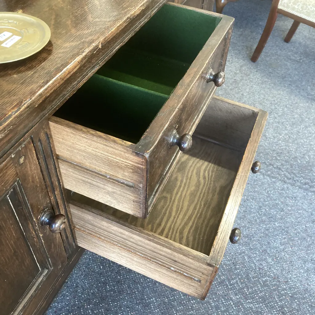 Antique Oak Sideboard, Original Wooden Handles, Ornate Strap Hinges, 2 Drawers (1 Felt Lined) 2 Door, H90 W142.5 D52cm Image 1++
