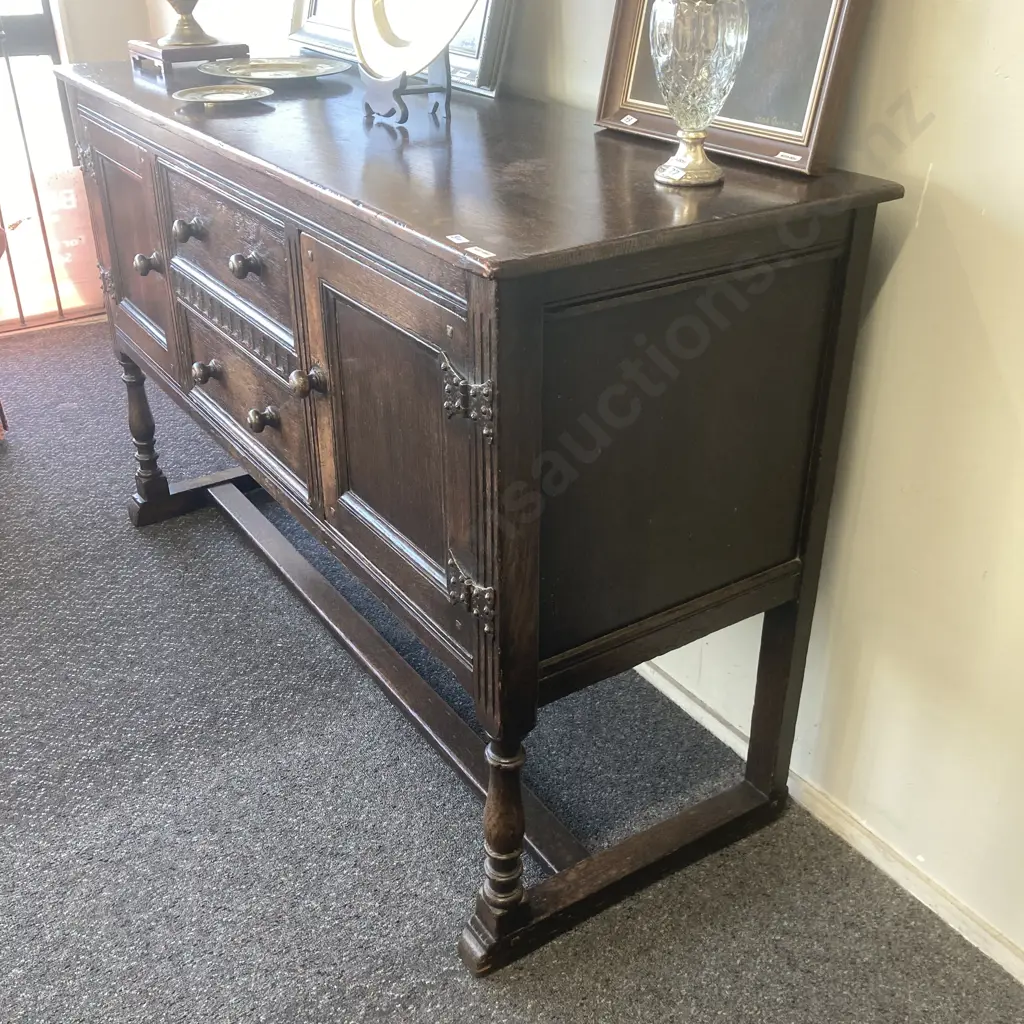 Antique Oak Sideboard, Original Wooden Handles, Ornate Strap Hinges, 2 Drawers (1 Felt Lined) 2 Door, H90 W142.5 D52cm Image 1++