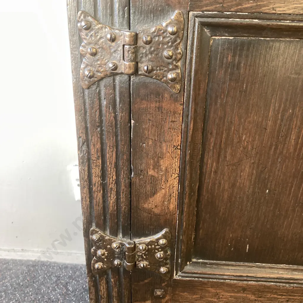 Antique Oak Sideboard, Original Wooden Handles, Ornate Strap Hinges, 2 Drawers (1 Felt Lined) 2 Door, H90 W142.5 D52cm Image 1++