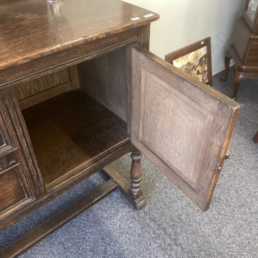 Antique Oak Sideboard, Original Wooden Handles, Ornate Strap Hinges, 2 Drawers (1 Felt Lined) 2 Door, H90 W142.5 D52cm Image 1++
