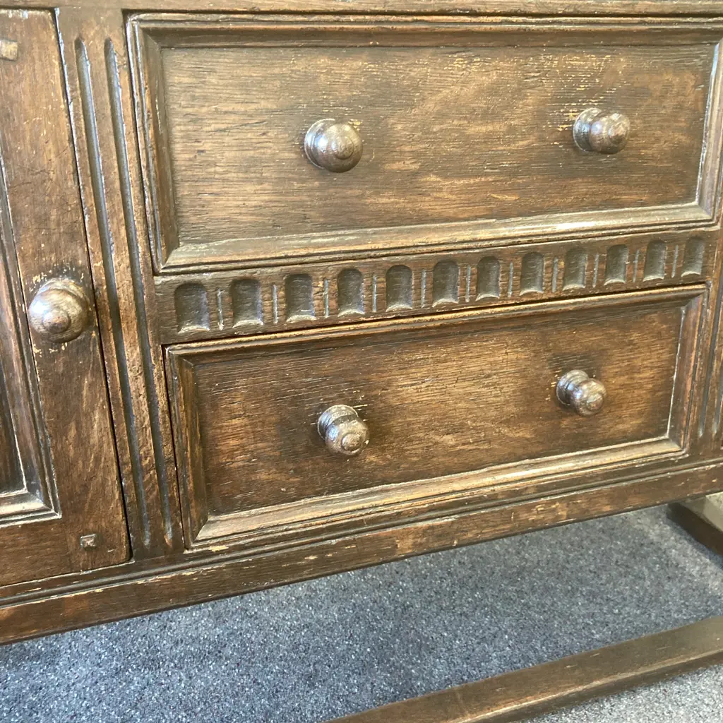 Antique Oak Sideboard, Original Wooden Handles, Ornate Strap Hinges, 2 Drawers (1 Felt Lined) 2 Door, H90 W142.5 D52cm Image 1++