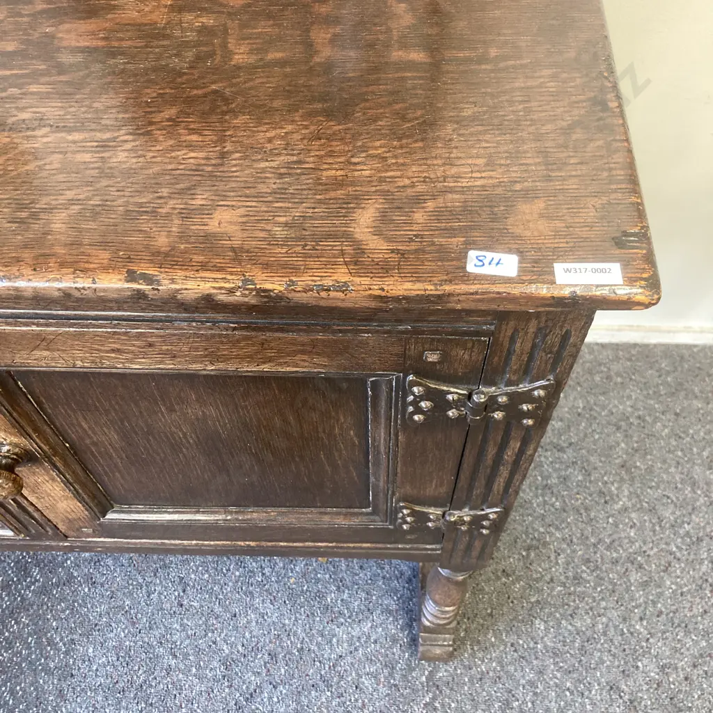 Antique Oak Sideboard, Original Wooden Handles, Ornate Strap Hinges, 2 Drawers (1 Felt Lined) 2 Door, H90 W142.5 D52cm Image 1++