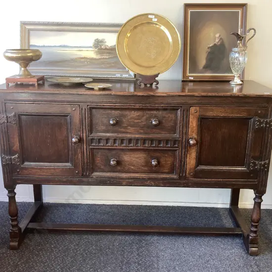 Antique Oak Sideboard, Original Wooden Handles, Ornate Strap Hinges, 2 Drawers (1 Felt Lined) 2 Door, H90 W142.5 D52cm