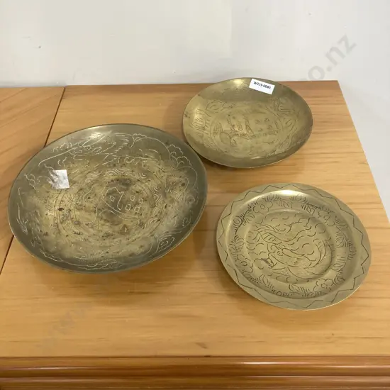 Lot of Three Vintage Chinese Brass Dishes, Dragon Patterned, 14.5, 15.5, 20cm