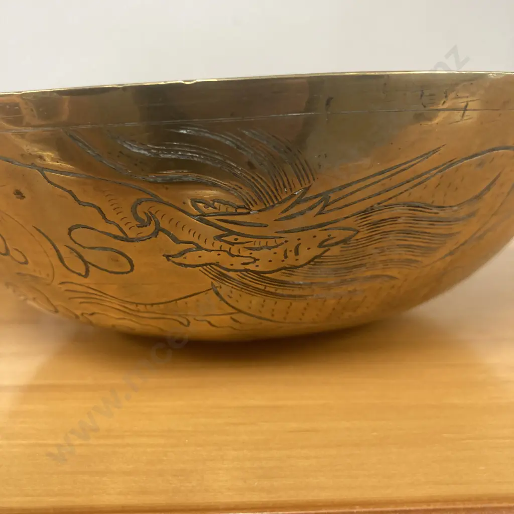 Vintage Chinese Brass Deep Bowl On A Carved Rosewood Stand, Dragon & Characters, 11.5 x 20cm Image 1++