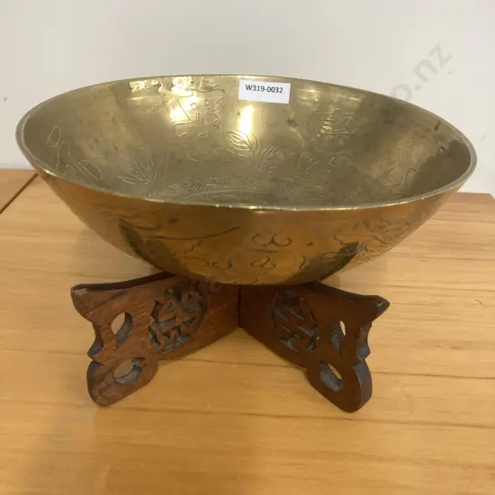 Vintage Chinese Brass Deep Bowl On A Carved Rosewood Stand, Dragon & Characters, 11.5 x 20cm