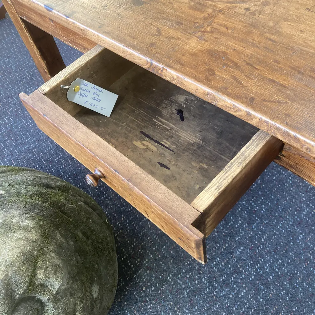 Antique French Baltic Pine Coffee Table With A Single Drawer, H51 W143 D70cm Image 1++