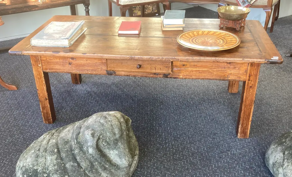 Antique French Baltic Pine Coffee Table With A Single Drawer, H51 W143 D70cm Image 1++