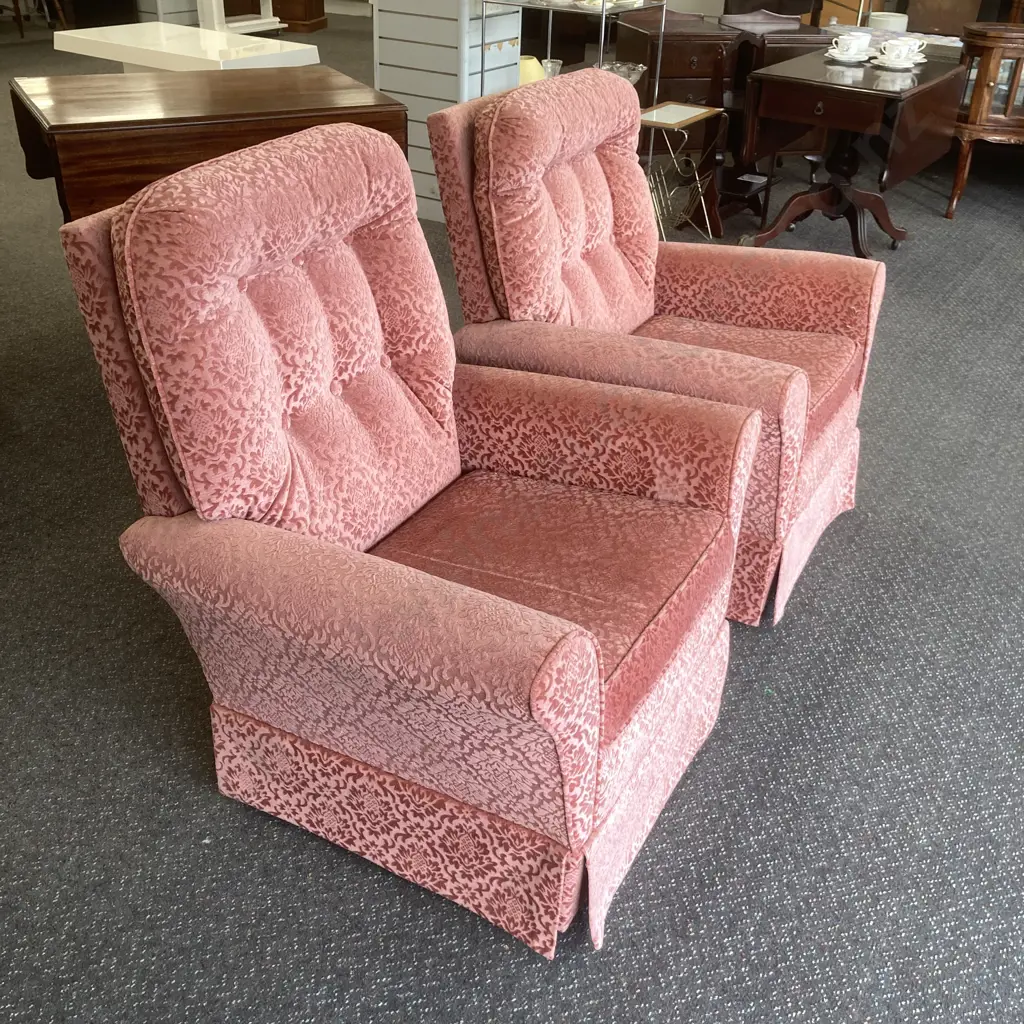 Pair of Vintage Rocker Lounge Chairs, Salmon Colour Draylon Image 1++