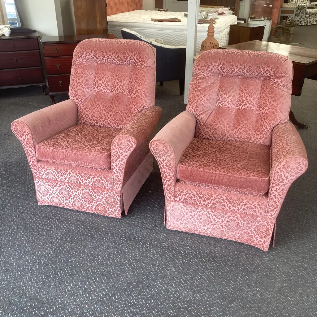 Pair of Vintage Rocker Lounge Chairs, Salmon Colour Draylon Image 1++