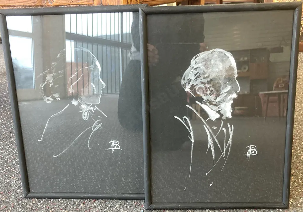 Framed Artwork Black & White Portraits Signed By Artists, 1 x Joseph Surgeon, 1 x Charlotte Lelper, 38 x 27cm Image 1++