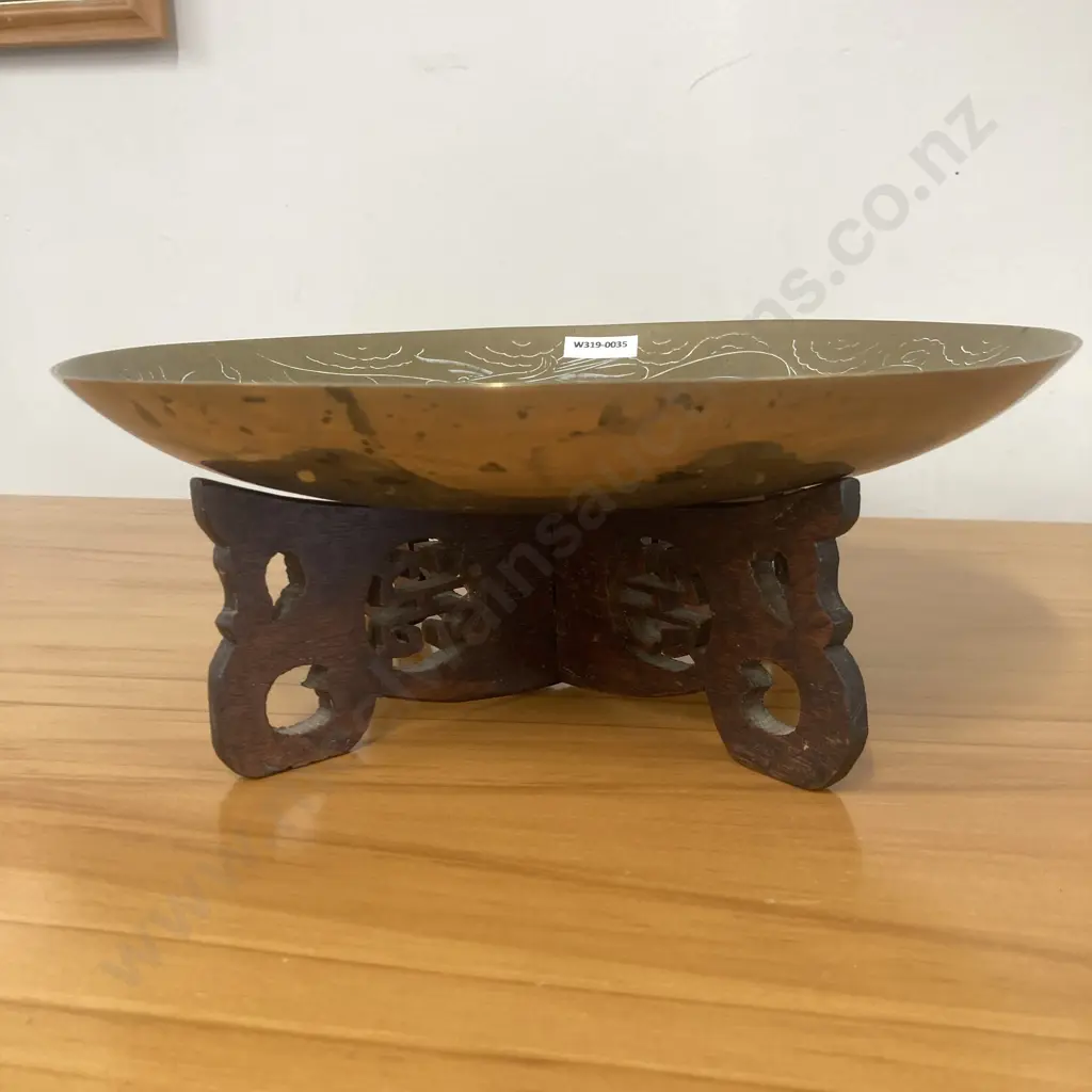 Vintage Large Chinese Brass Shallow Bowl On A Carved Rosewood Stand, Dragon & Wind Pattern,12 x 30cm Image 1++