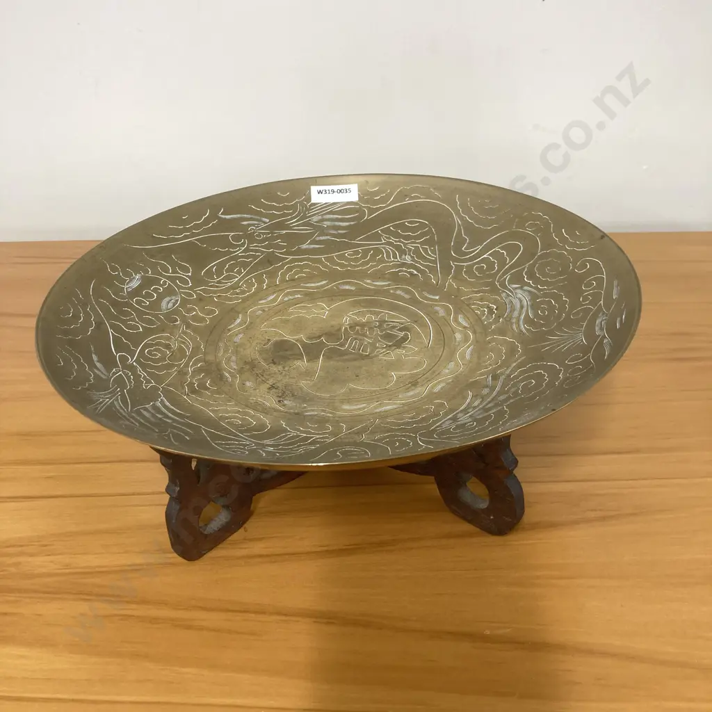 Vintage Large Chinese Brass Shallow Bowl On A Carved Rosewood Stand, Dragon & Wind Pattern,12 x 30cm Image 1++