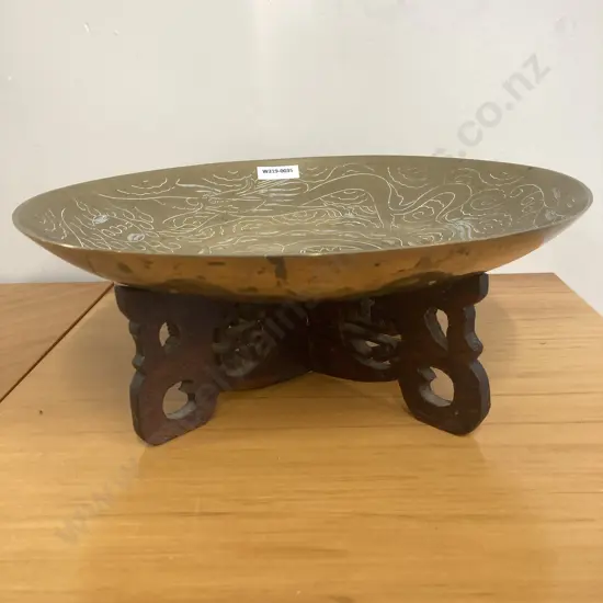 Vintage Large Chinese Brass Shallow Bowl On A Carved Rosewood Stand, Dragon & Wind Pattern,12 x 30cm