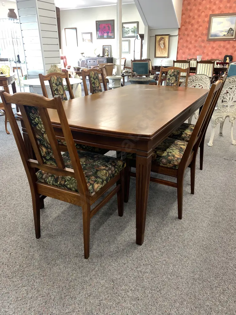 Airest Mahogany Dining Table With 6 Chairs, Green / Black / Terracotta Tones, Fruit Fabric On Chairs Image 1++