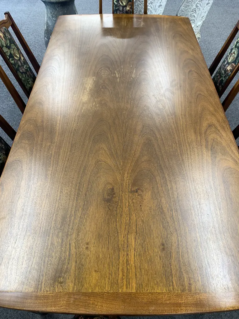 Airest Mahogany Dining Table With 6 Chairs, Green / Black / Terracotta Tones, Fruit Fabric On Chairs Image 1++