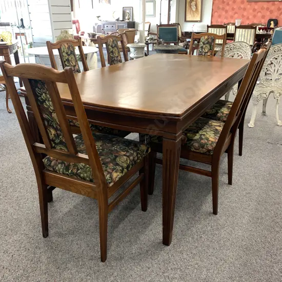 Airest Mahogany Dining Table With 6 Chairs, Green / Black / Terracotta Tones, Fruit Fabric On Chairs