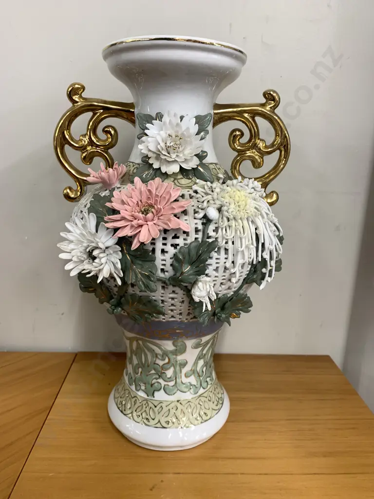 Vintage Reticulated Porcelain Vase White With Gold Gilding & 3d Flowers H39cm (af to flower) Image 1++