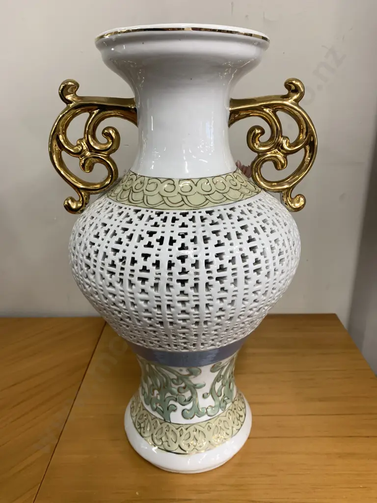 Vintage Reticulated Porcelain Vase White With Gold Gilding & 3d Flowers H39cm (af to flower) Image 1++