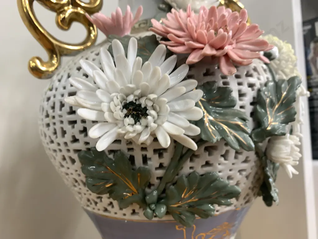 Vintage Reticulated Porcelain Vase White With Gold Gilding & 3d Flowers H39cm (af to flower) Image 1++